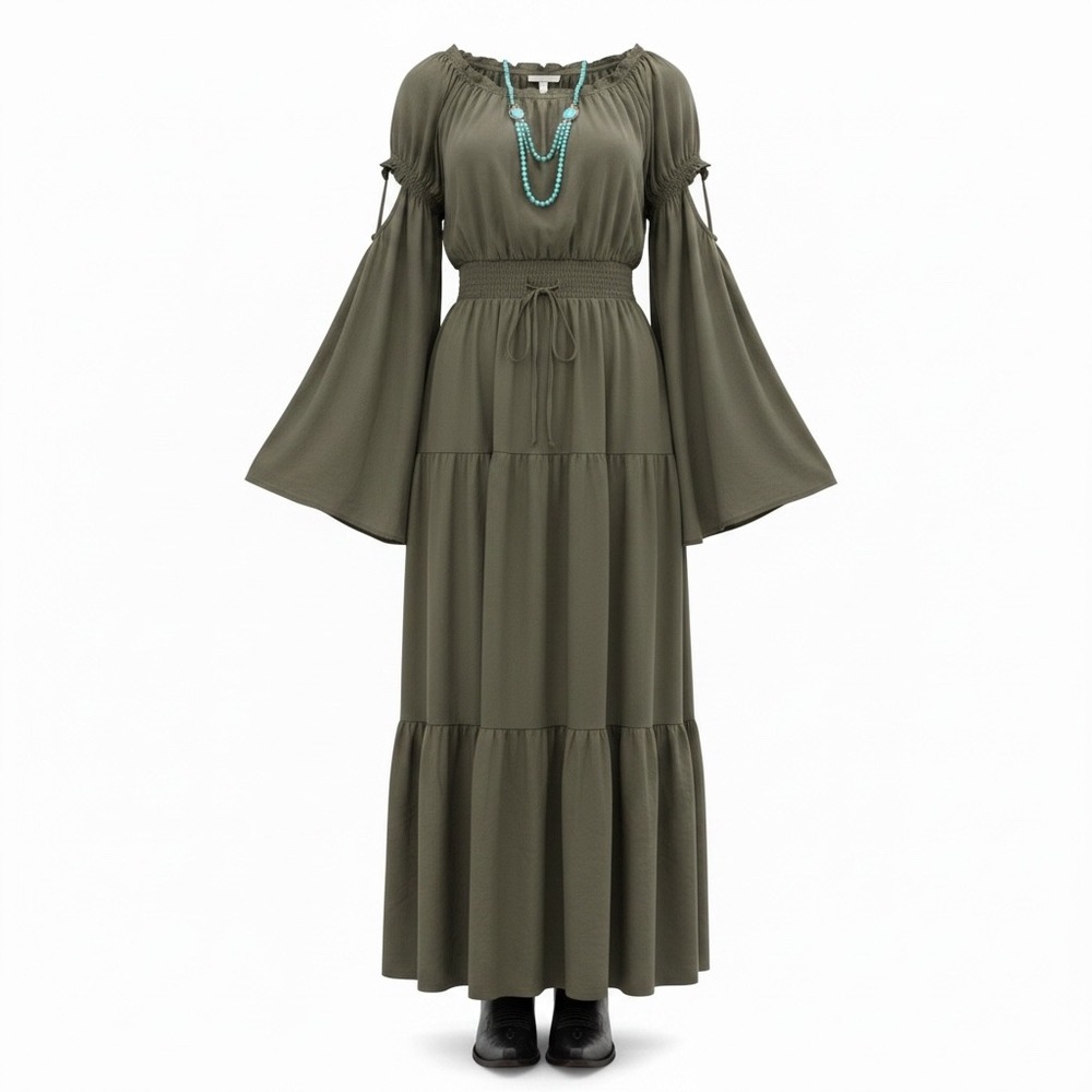 Scarlet Darkness Olive Green Smocked Maxi Dress Bell Sleeve Renaissance 2XL